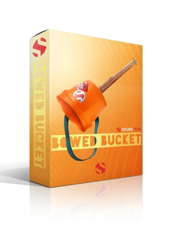 Bowed Bucket Kontakt instrument artwork by Soundiron showing a plastic bucket with cello strings