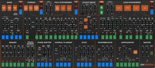 Quadra synth plugin interface by Cherry Audio showing four vintage instrument sections