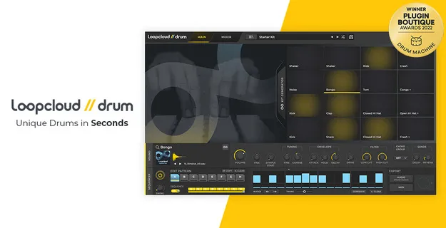 DRUM drum sampler plugin interface by Loopcloud Plugins showing 16 pads