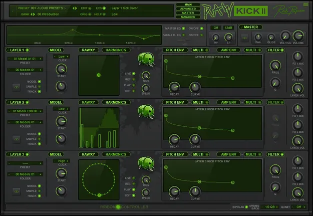 RAW-Kick 2 by Rob Papen kick-drum synthesizer plugin interface