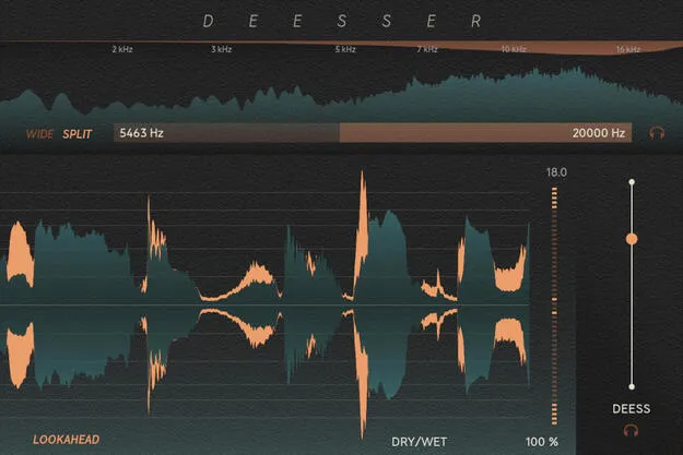 Deesser by Softube de-esser plugin interface with frequency analyzer
