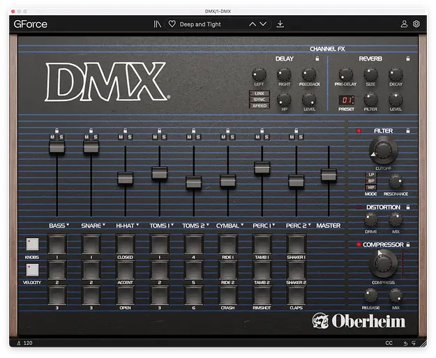 Oberheim DMX drum machine plugin interface by GForce Software