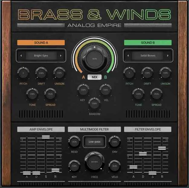 Analog Empire: Brass and Winds by MeldaProduction synth brass and wind plugin interface