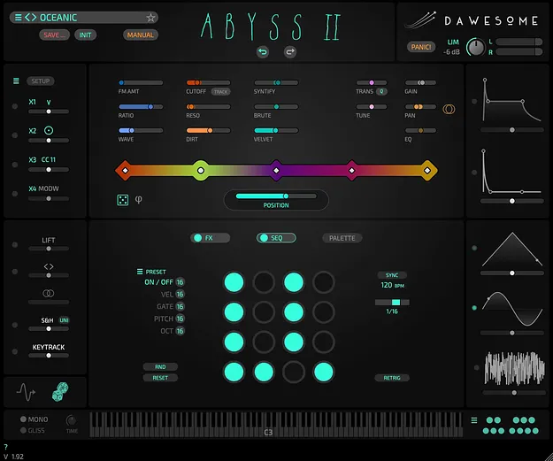 Dawesome Abyss II by Tracktion synth plugin interface