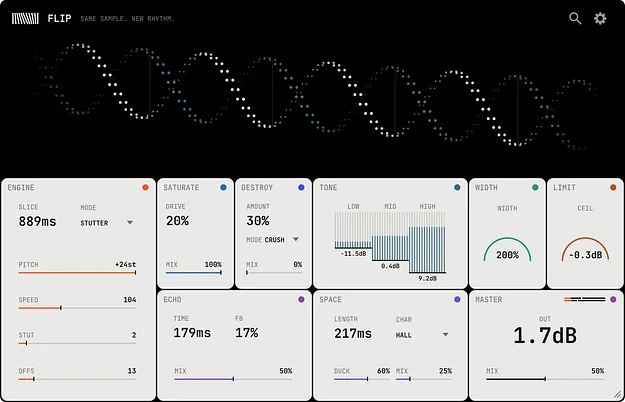 FLIP multi-effect plugin interface by Thenatan Audio showing nine processor tiles