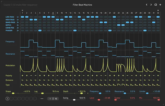 Cluster v3 by Sinevibes multi-filter sequencer plugin interface