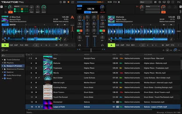Traktor Play DJ software interface by Native Instruments showing two decks
