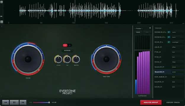 Pro DeBleed standalone drum bleed removal app interface by Evertone Project