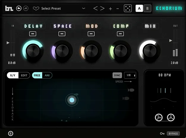 Echorium by BeatSkillz tape echo effect plugin interface with X/Y pad