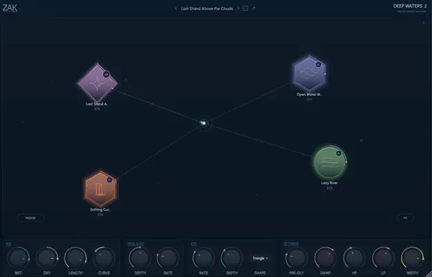 Deep Waters 2 neural reverb plugin interface by ZAK Sound with 2D morph pad