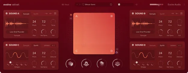 Evolve Velvet Lite sample-based synth plugin interface by Excite Audio