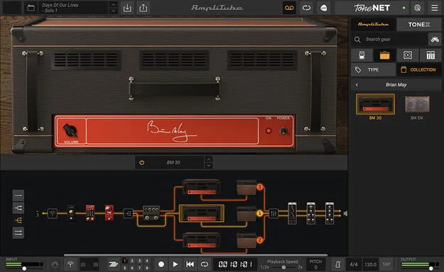 AmpliTube Brian May guitar amp and effects plugin interface by IK Multimedia