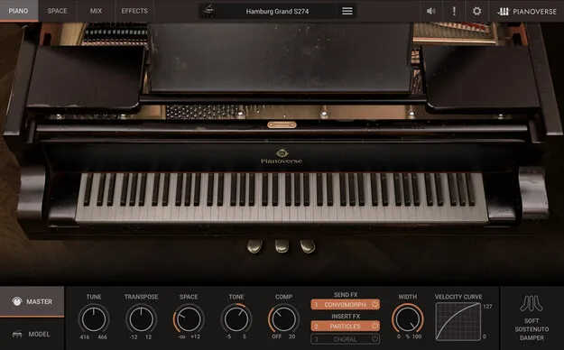 Pianoverse Hamburg Grand S274 concert grand piano plugin interface by IK Multimedia