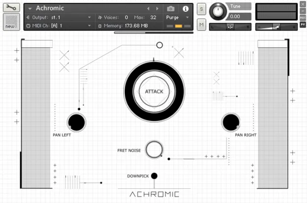 Achromic guitar instrument by Iamlamprey Kontakt interface