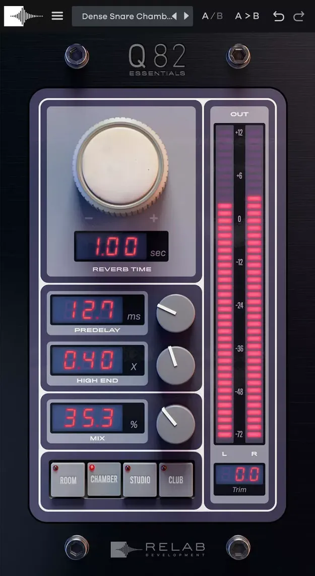 Q82 Essentials by Relab Development reverb plugin interface