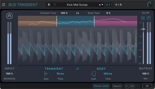 Bus TRANSIENT by Arturia transient shaper plugin interface