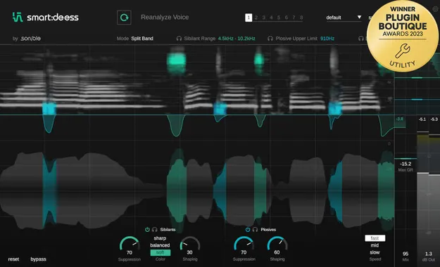smart:deess by sonible AI de-esser plugin interface