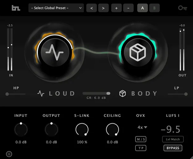 LoudBody limiter plugin interface by BeatSkillz showing LOUD and BODY knobs
