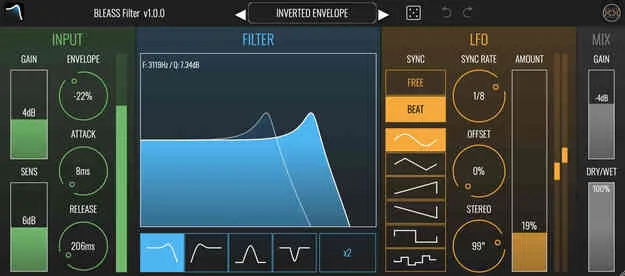 BLEASS Filter plugin interface with filter graph and LFO section