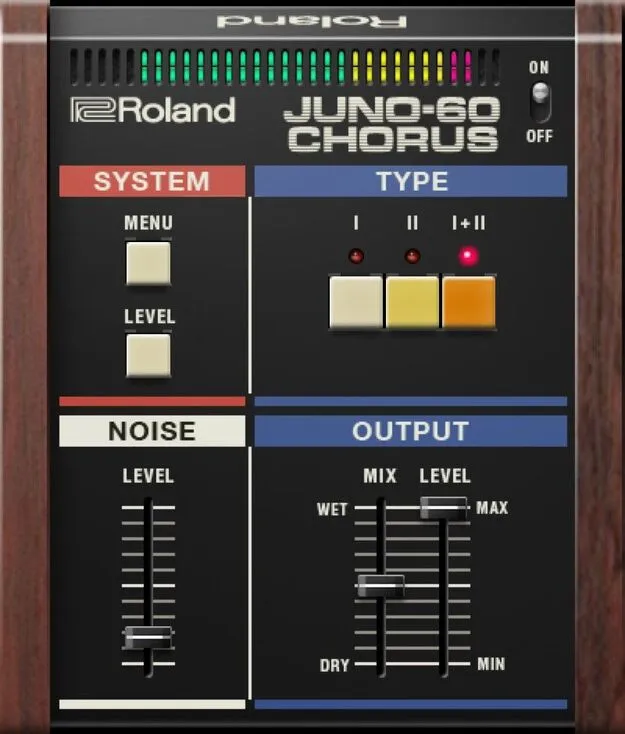 JUNO-60 CHORUS by Roland chorus effect plugin interface with wood side panels