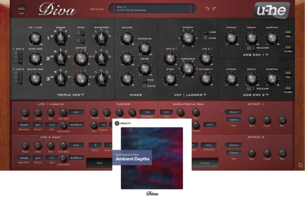 u-he Diva analog-modeling synth plugin interface with Ambient Depths expansion artwork