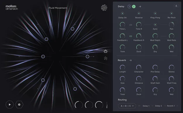 Motion: Dimension by Excite Audio reverb and delay effect plugin interface with Hexagon controller
