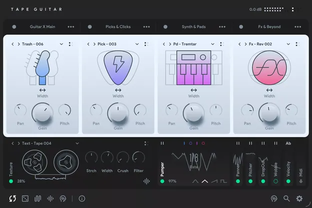 Tape Guitar virtual guitar instrument plugin interface by Thenatan Audio