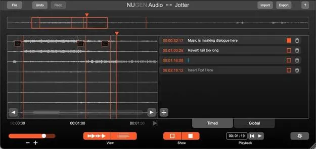 Jotter by NUGEN Audio utility plugin interface for timecode notes