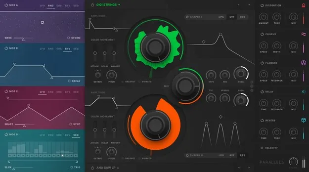 Parallels by Softube dual-source wavescanning synth plugin interface