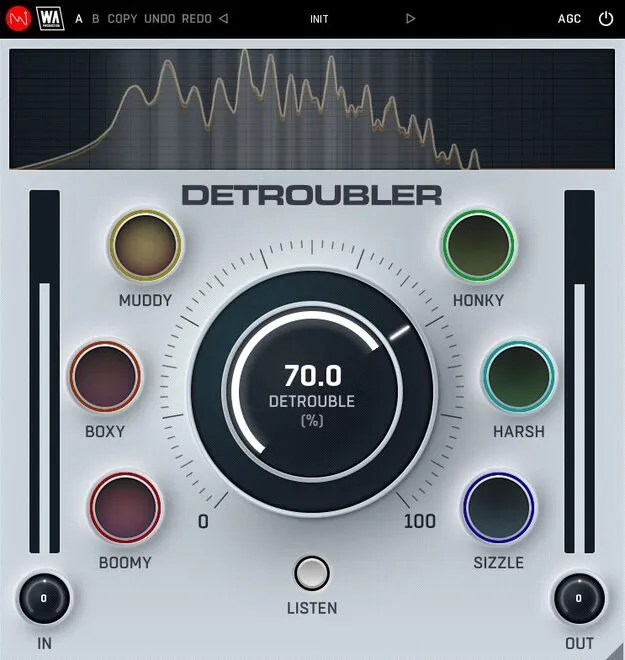 Detroubler psychoacoustic EQ plugin interface by W. A. Production