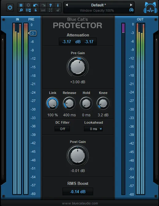 Blue Cat's Protector by Blue Cat Audio limiter plugin interface with level meters