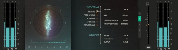 Widener by Softube stereo widening plugin interface with goniometer
