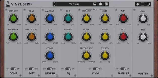 Vinyl Strip by AudioThing multi-effect plugin interface with six effect modules