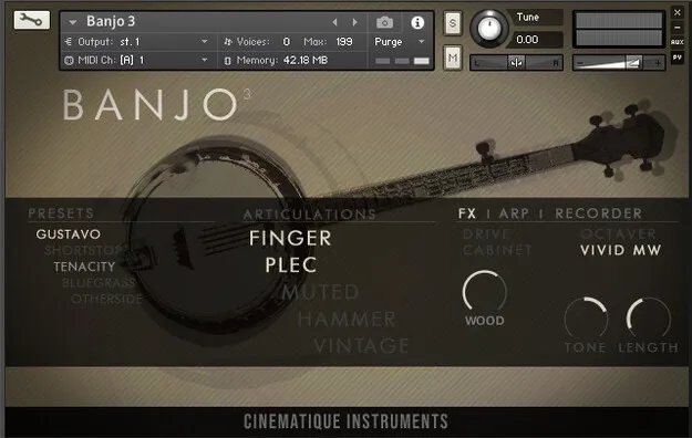 Banjo v3 Kontakt banjo instrument by Cinematique Instruments interface