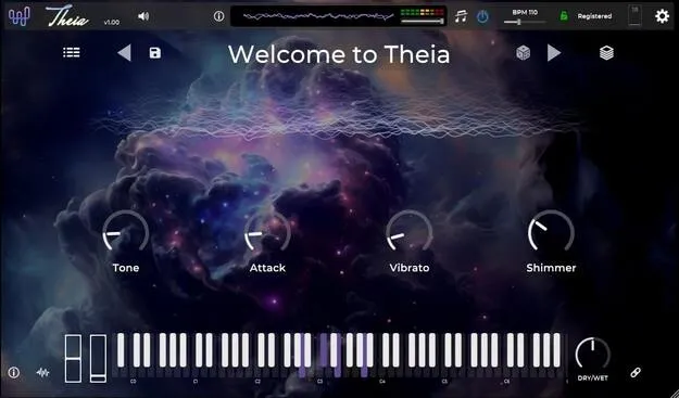 Theia synth plugin interface by Tracktion showing the performance controls and preset browser