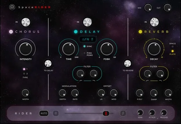 Space Rider multi-effect plugin interface by Waves showing reverb, delay and chorus