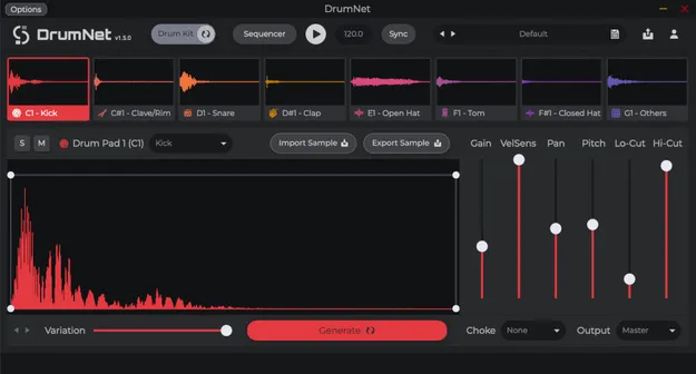 DrumNet AI drum machine plugin interface by Session Loops