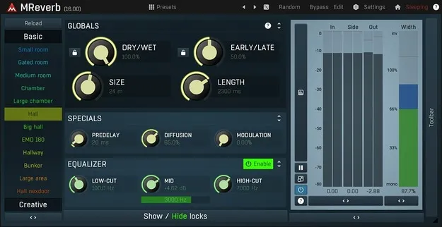 MReverb by MeldaProduction reverb plugin interface