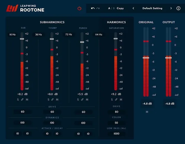 RootOne by Leapwing Audio multi-band subharmonics plugin interface