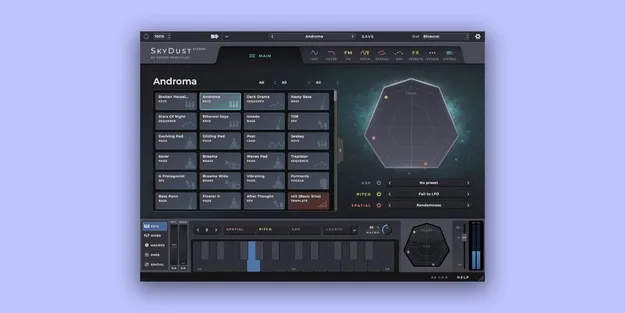 SkyDust Stereo spatial synth plugin interface by Sound Particles