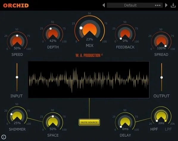 Orchid chorus plugin by W. A. Production interface with live visual meter