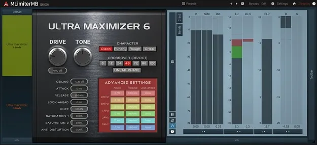 MLimiterMB multiband mastering limiter plugin interface by MeldaProduction