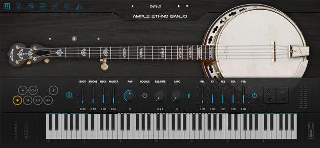 Ample Ethno Banjo virtual banjo instrument plugin interface by Ample Sound