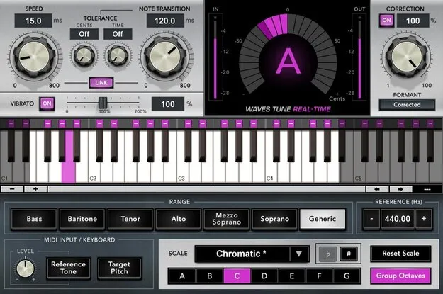 Waves Tune Real-Time vocal pitch correction plugin interface