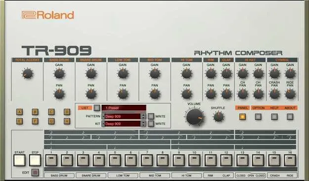 TR-909 by Roland drum machine plugin interface