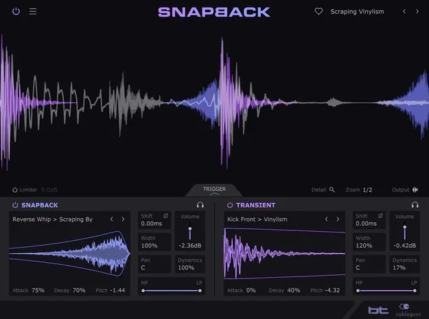 Snapback drum layering effect plugin interface by Cableguys