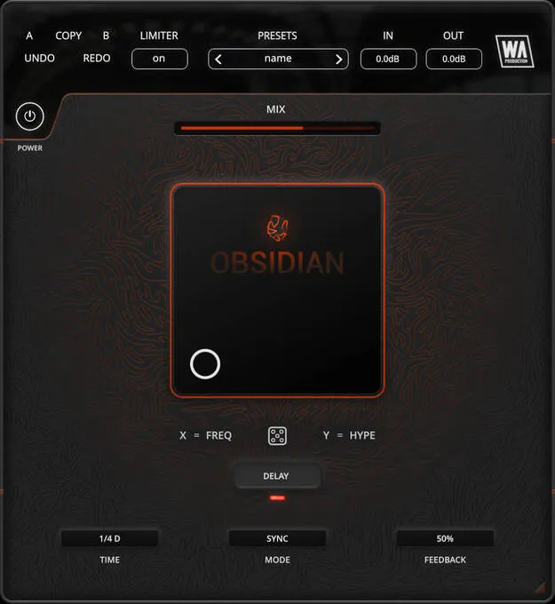 Obsidian multi-effect plugin interface by W. A. Production with XY modulation pad