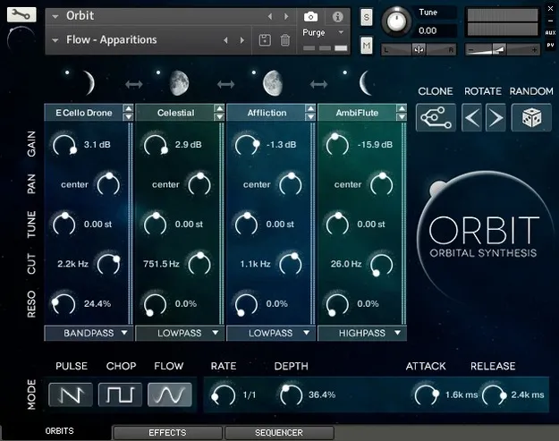 ORBIT by Wide Blue Sound Kontakt instrument interface with four Orbit controls