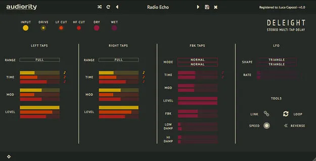 Deleight stereo multi tap delay plugin interface by Audiority