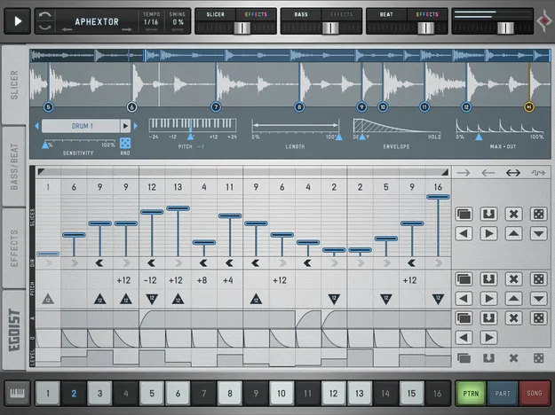 Egoist by Sugar Bytes groovebox plugin interface with slicer, bass and beat sections